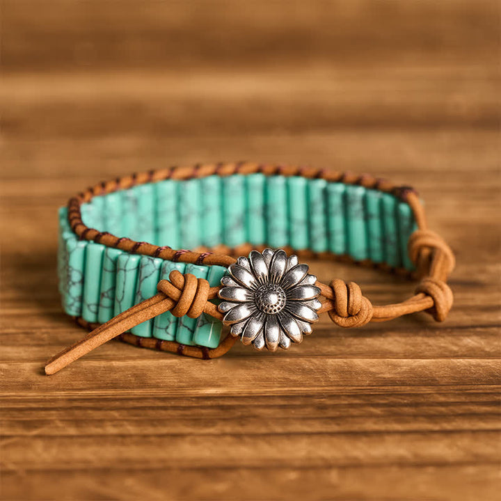 Sunflower Button Turquoise Tube Healing Leather Bracelet - Turquoise - image 4