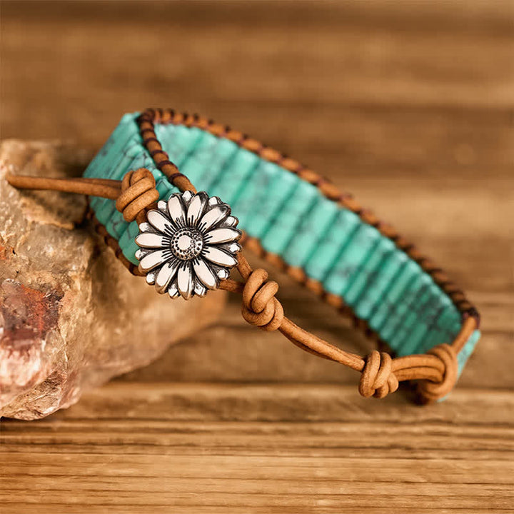 Sunflower Button Turquoise Tube Healing Leather Bracelet - image 6