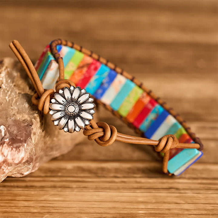 Sunflower Button Turquoise Tube Healing Leather Bracelet - image 2