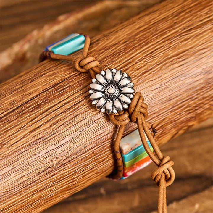 Sunflower Button Turquoise Tube Healing Leather Bracelet - image 1