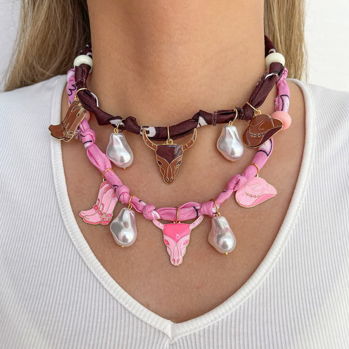 Sweet Howdy Longhorn Bull Scarf Necklace With Boots & Hat Charms - image 0