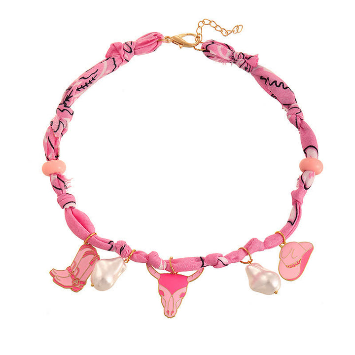 Sweet Howdy Longhorn Bull Scarf Necklace With Boots & Hat Charms - Pink - image 1