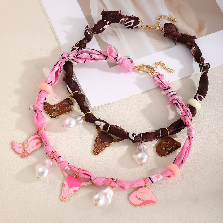 Sweet Howdy Longhorn Bull Scarf Necklace With Boots & Hat Charms - image 2
