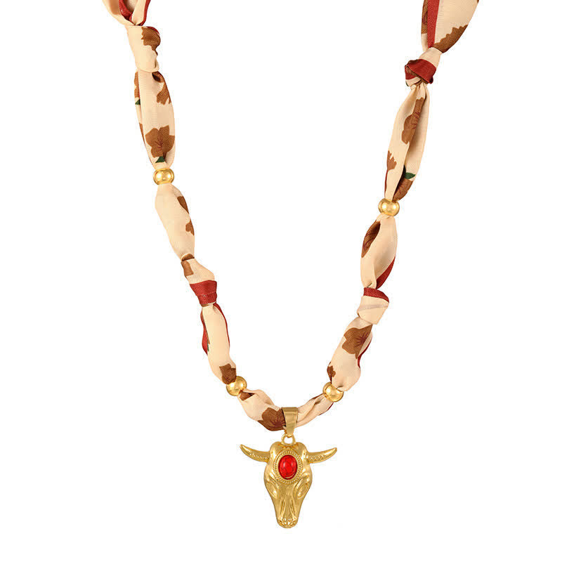 Western Spirit Longhorn Bull Turquoise Scarf Necklace Collection - Beige - image 5