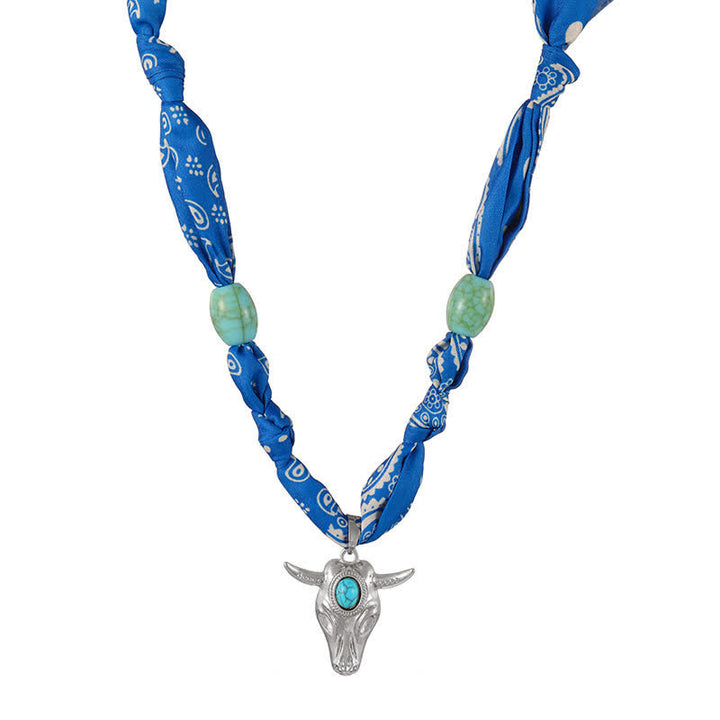Western Spirit Longhorn Bull Turquoise Scarf Necklace Collection - Blue - image 8