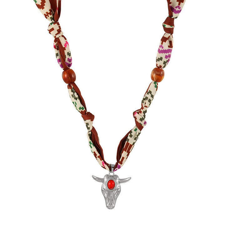 Western Spirit Longhorn Bull Turquoise Scarf Necklace Collection - Brown - image 7
