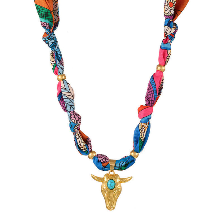 Western Spirit Longhorn Bull Turquoise Scarf Necklace Collection - Multi-Color - image 1
