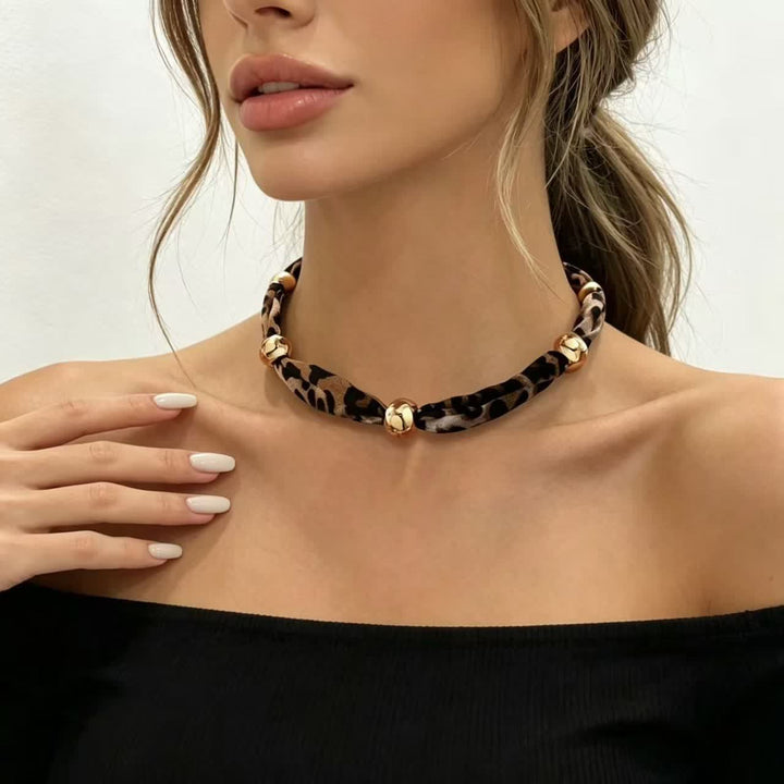 Minimalist Leopard Pattern Scarf Necklace With Gold Beads - Brown - image 0