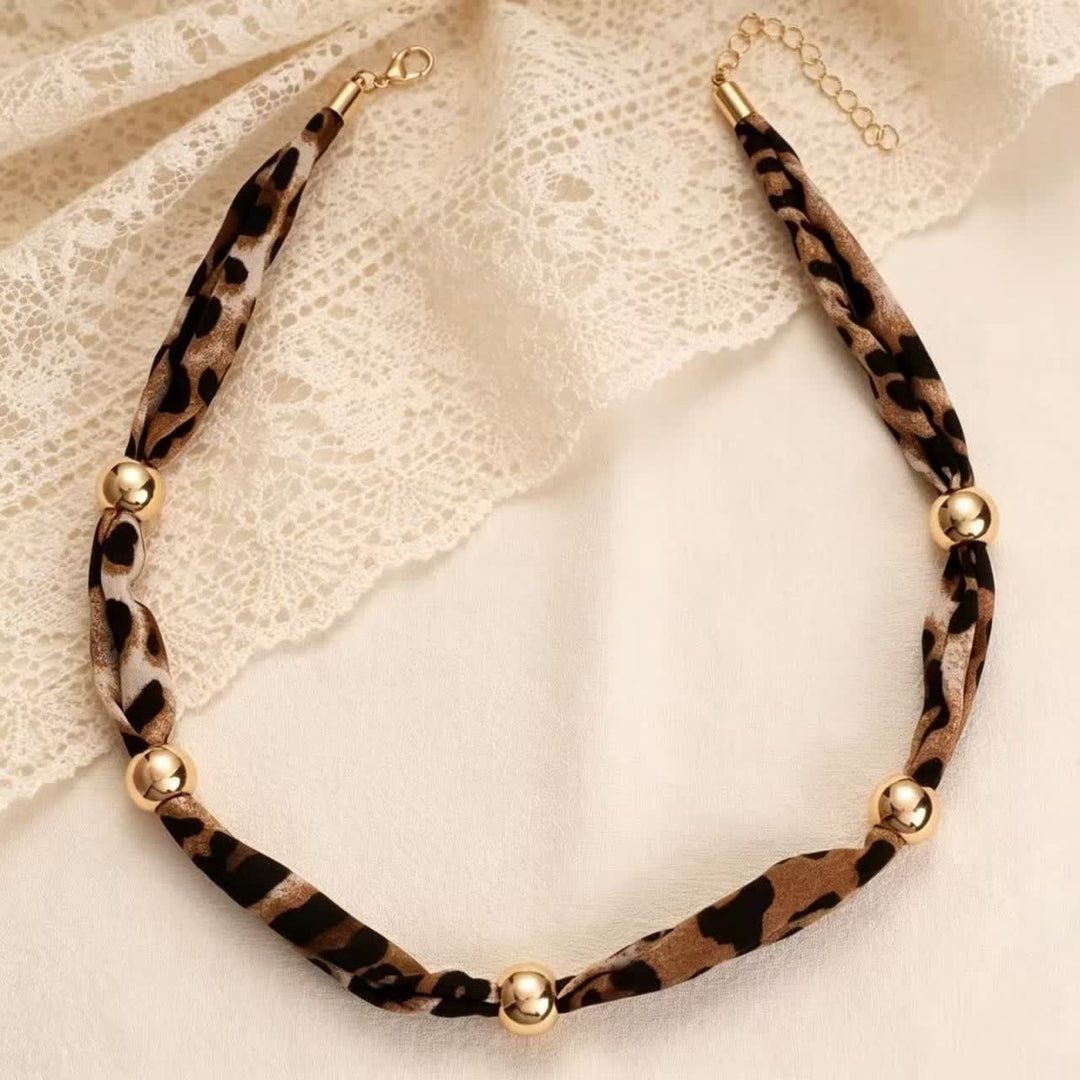 Minimalist Leopard Pattern Scarf Necklace With Gold Beads - image 1