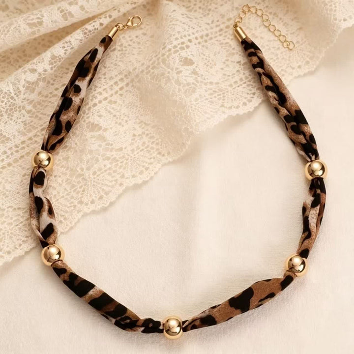 Minimalist Leopard Pattern Scarf Necklace With Gold Beads - image 1