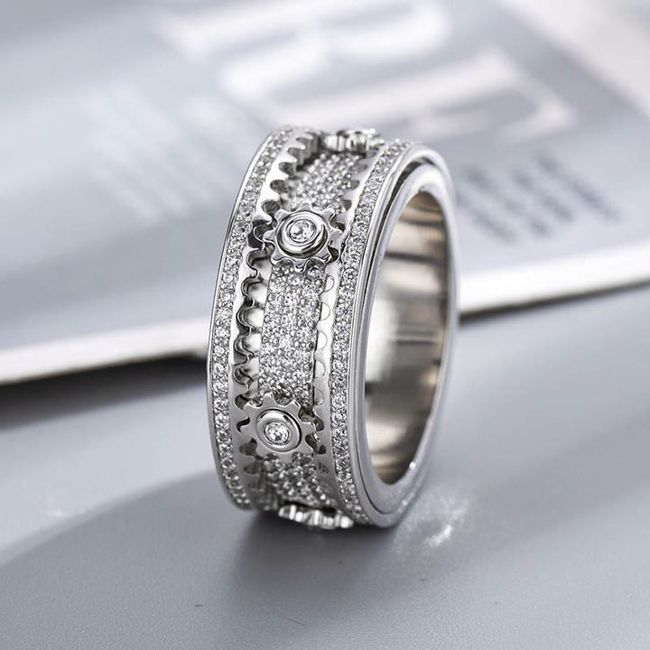 Rotatable Gear Zircon Ring Full Paved Crystal Spinner Ring for Party Jewelry - Silver - US 12 - image 0
