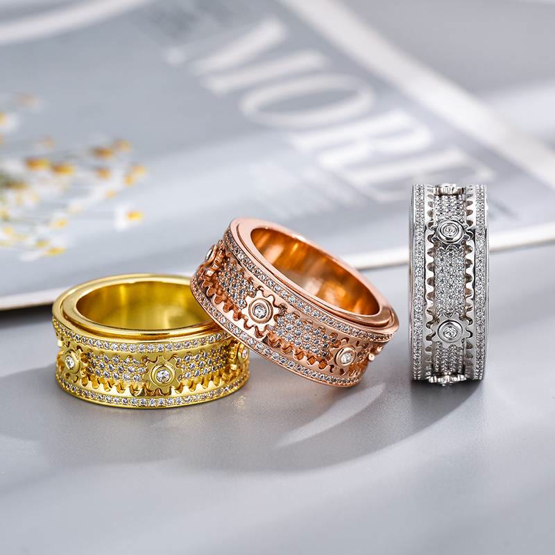 Rotatable Gear Zircon Ring Full Paved Crystal Spinner Ring for Party Jewelry - image 1