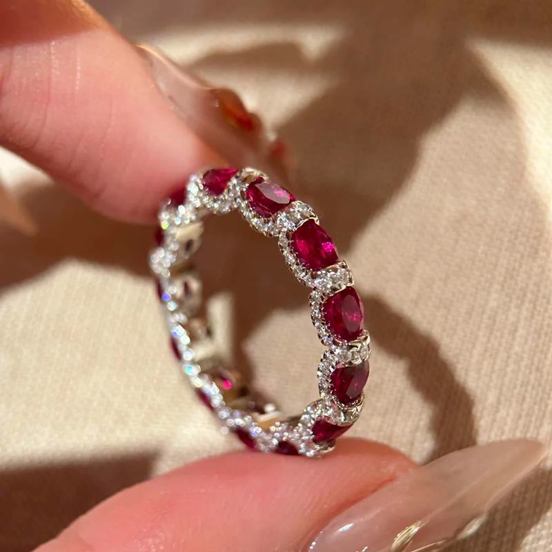Vintage Colored Gemstone Eternity Band Ring Pave Zircon Stackable Ring for Women - Red - US 9 - image 1