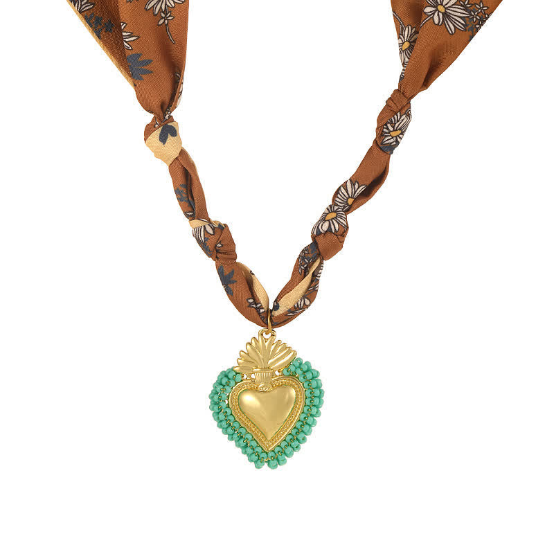 Sacred Heart Hand-Knotted Paisley Bandana Scarf Necklace Collection - Brown & Green - image 2