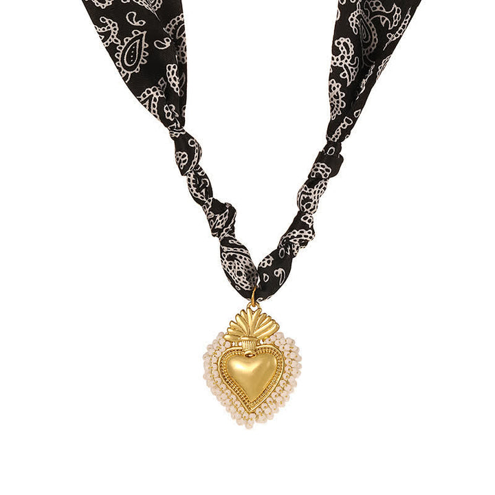 Sacred Heart Hand-Knotted Paisley Bandana Scarf Necklace Collection - Black & Ivory - image 8