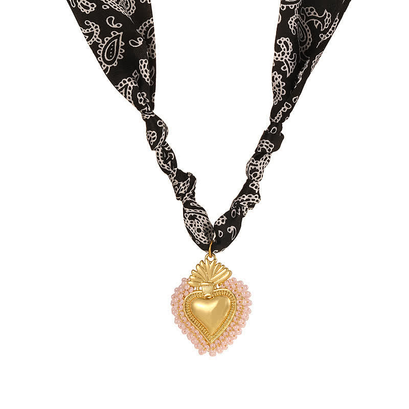 Sacred Heart Hand-Knotted Paisley Bandana Scarf Necklace Collection - Black & Pink - image 6