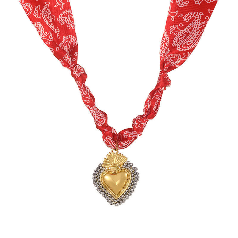 Sacred Heart Hand-Knotted Paisley Bandana Scarf Necklace Collection - Red & Gray - image 4
