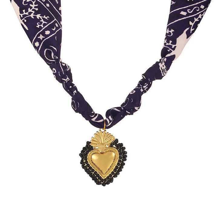 Sacred Heart Hand-Knotted Paisley Bandana Scarf Necklace Collection - Navy Blue & Black - image 5