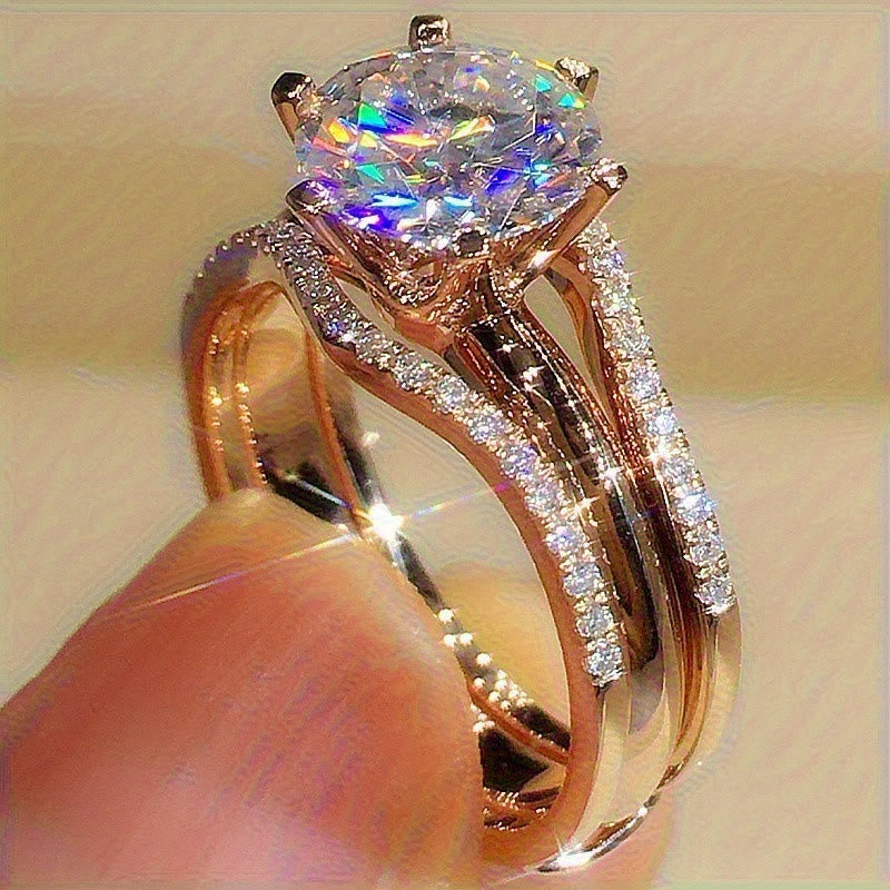 Women's Six‑Prong Cubic Zirconia Ring Split Band Promise Engagement Wedding Ring - Gold - 10 - image 0