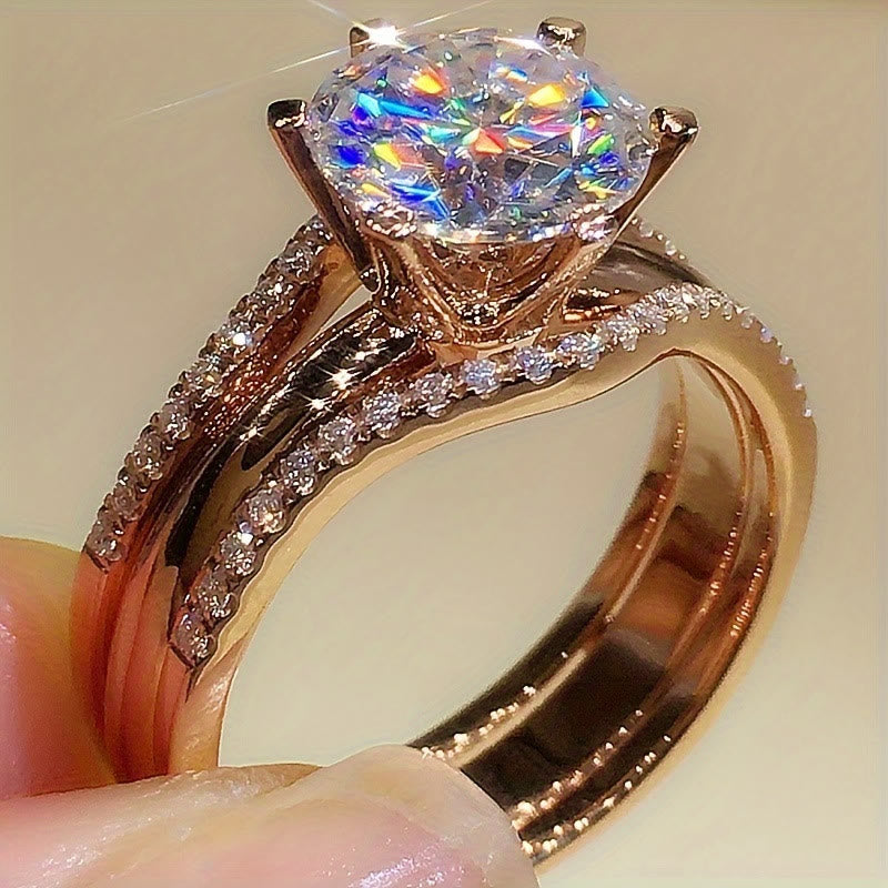 Women's Six‑Prong Cubic Zirconia Ring Split Band Promise Engagement Wedding Ring - image 1