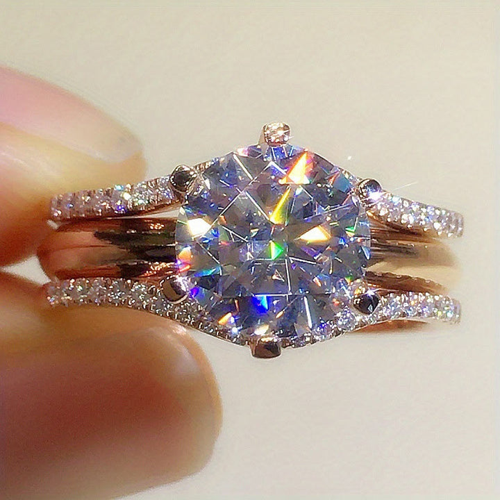 Women's Six‑Prong Cubic Zirconia Ring Split Band Promise Engagement Wedding Ring - image 2