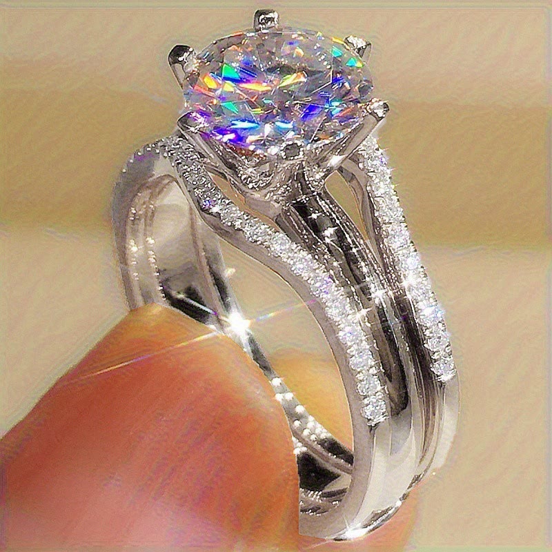 Women's Six‑Prong Cubic Zirconia Ring Split Band Promise Engagement Wedding Ring - Silver - 10 - image 3