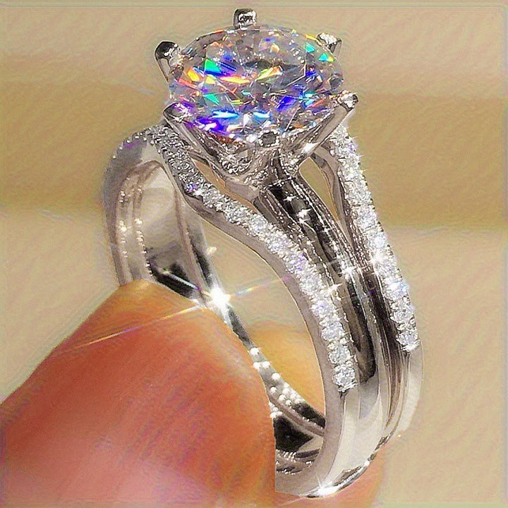 Women's Six‑Prong Cubic Zirconia Ring Split Band Promise Engagement Wedding Ring - Silver - 10 - image 3