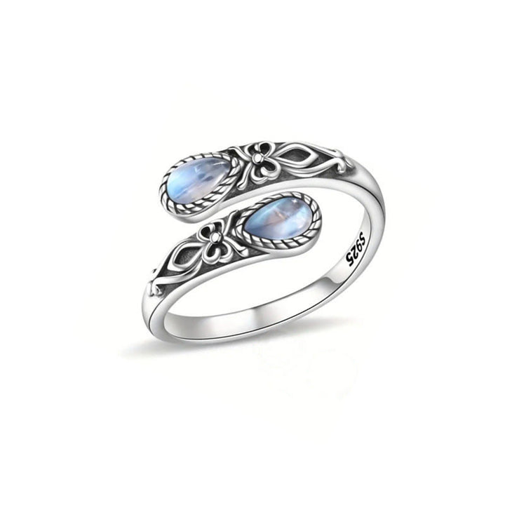 Vintage Carved Flower Bypass Ring Teardrop Stone Open Adjustable Ring for Women - image 3