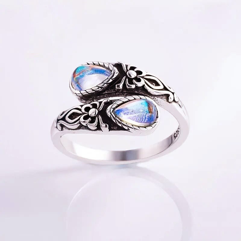 Vintage Carved Flower Bypass Ring Teardrop Stone Open Adjustable Ring for Women - Style#1 - image 0