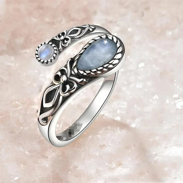 Vintage Carved Flower Bypass Ring Teardrop Stone Open Adjustable Ring for Women - Style#5 - image 7