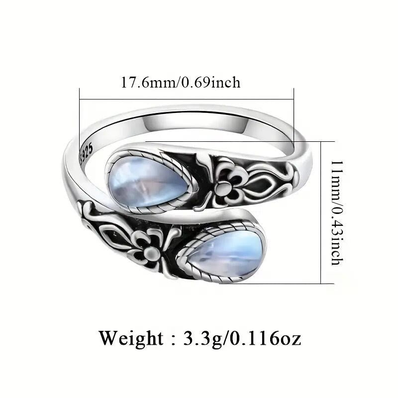 Vintage Carved Flower Bypass Ring Teardrop Stone Open Adjustable Ring for Women - image 8