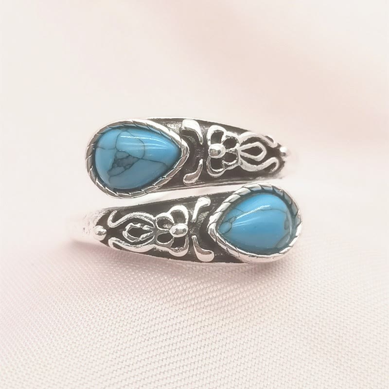 Vintage Carved Flower Bypass Ring Teardrop Stone Open Adjustable Ring for Women - Style#3 - image 5