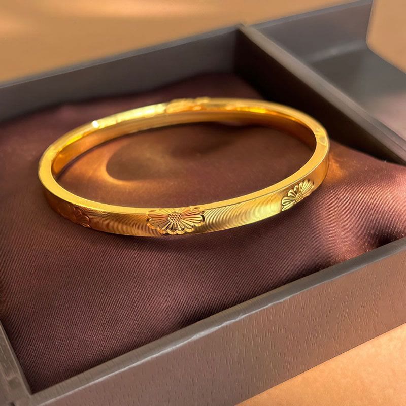 Gold‑Tone Daisy Carved Bangle Cat‑Eye Texture Closed Bangle Bracelet for Women - image 5