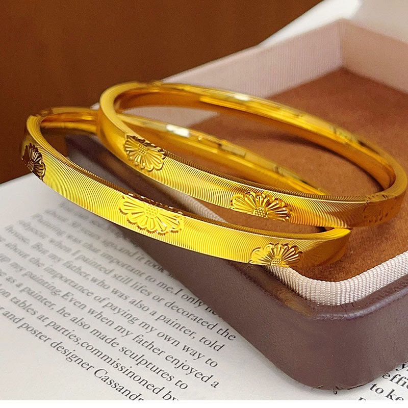 Gold‑Tone Daisy Carved Bangle Cat‑Eye Texture Closed Bangle Bracelet for Women - Little Daisuke Cat Eye Bracelet (62mm） - image 1