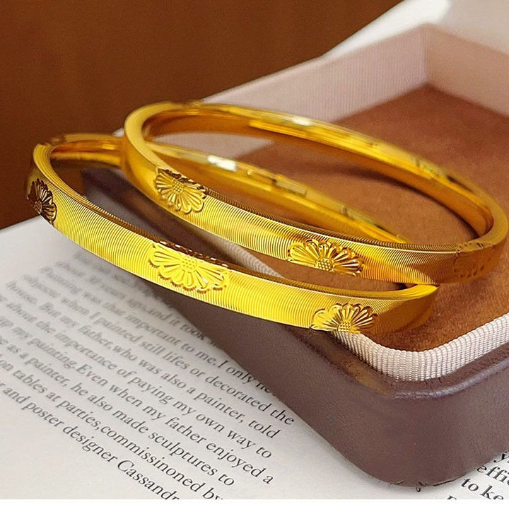 Gold‑Tone Daisy Carved Bangle Cat‑Eye Texture Closed Bangle Bracelet for Women - Little Daisuke Cat Eye Bracelet (62mm） - image 1