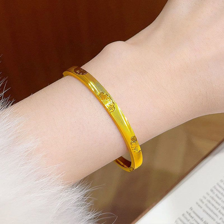 Gold‑Tone Daisy Carved Bangle Cat‑Eye Texture Closed Bangle Bracelet for Women - image 2