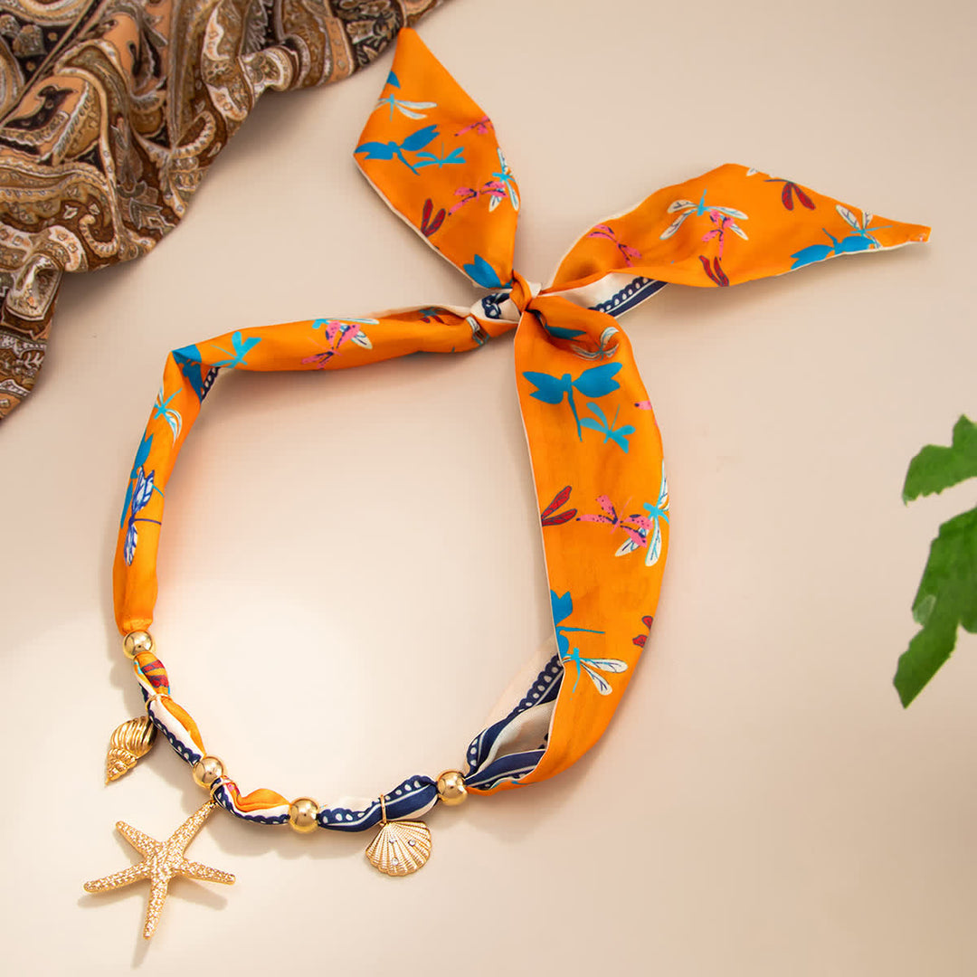 Orange Starfish Seashell Charm Dragonfly Scarf Necklace - image 1