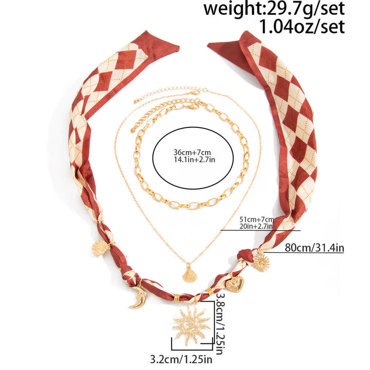 3Pcs Sun Moon Burgundy Argyle Bandana Scarf Necklace Set - image 4