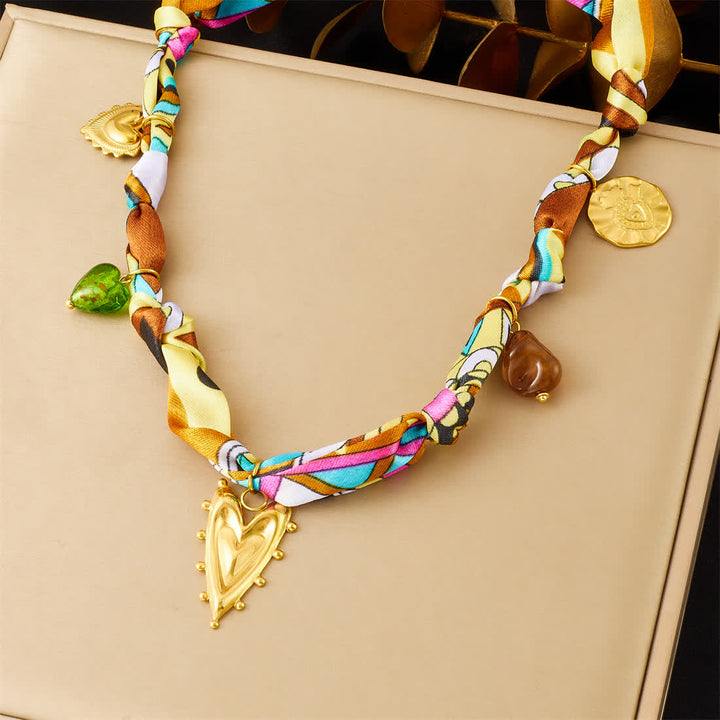 Gold Heart Charm Hand-Knotted Colorful Scarf Necklace - image 2