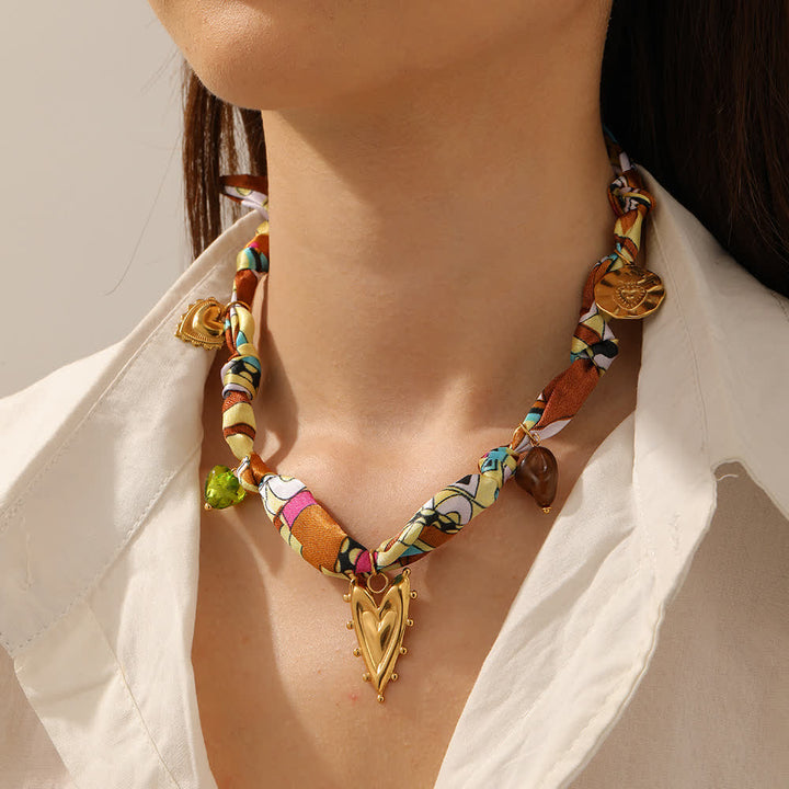 Gold Heart Charm Hand-Knotted Colorful Scarf Necklace - Yellow - image 0