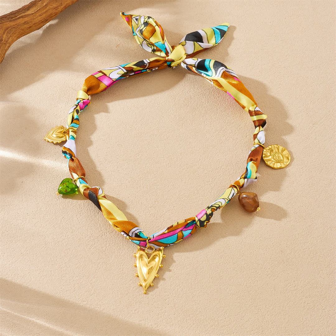 Gold Heart Charm Hand-Knotted Colorful Scarf Necklace - image 1