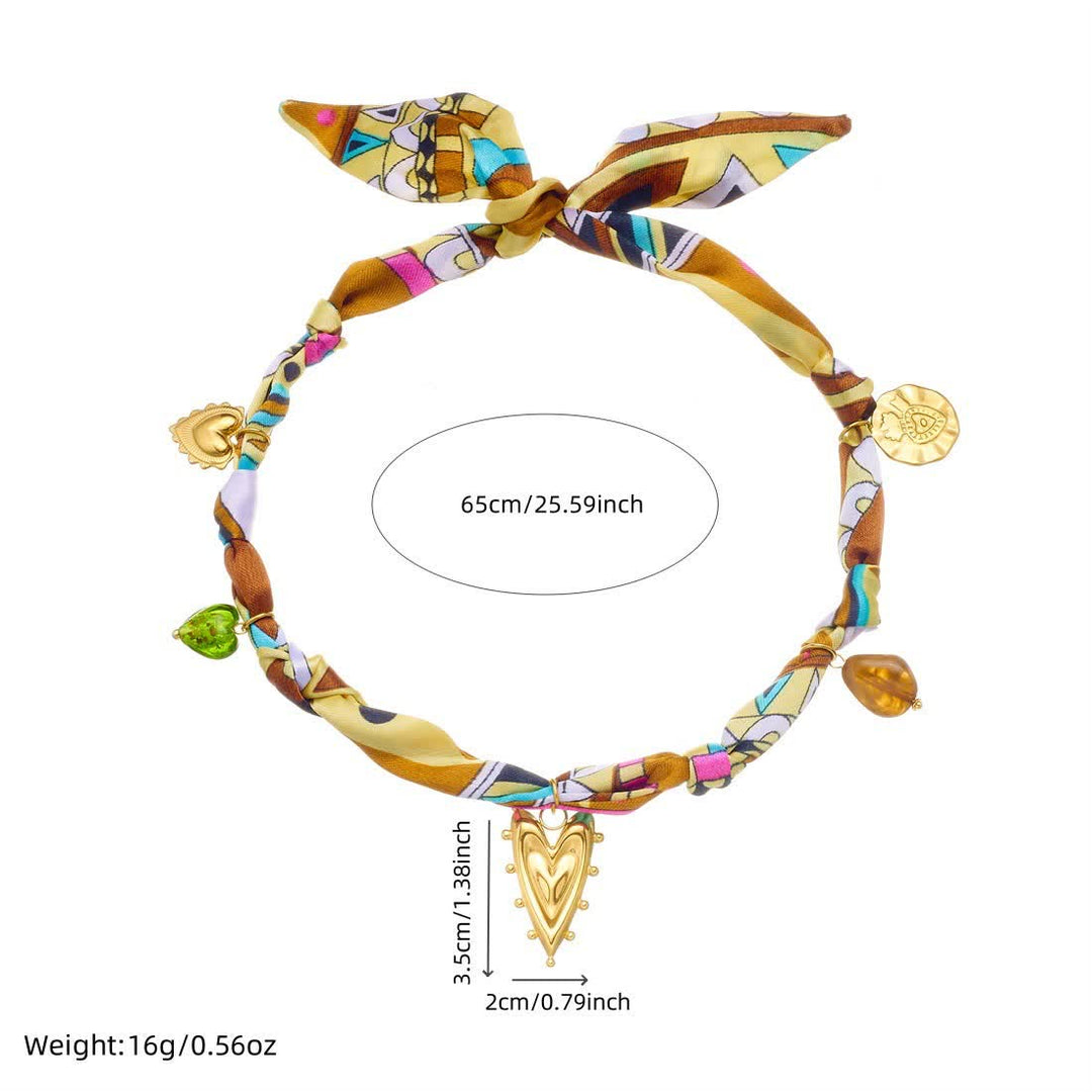 Gold Heart Charm Hand-Knotted Colorful Scarf Necklace - image 3