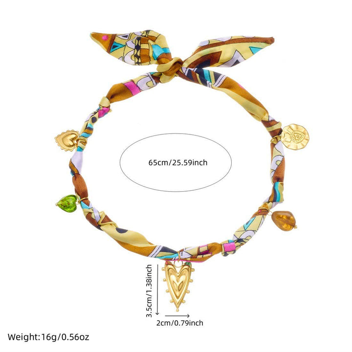 Gold Heart Charm Hand-Knotted Colorful Scarf Necklace - image 3