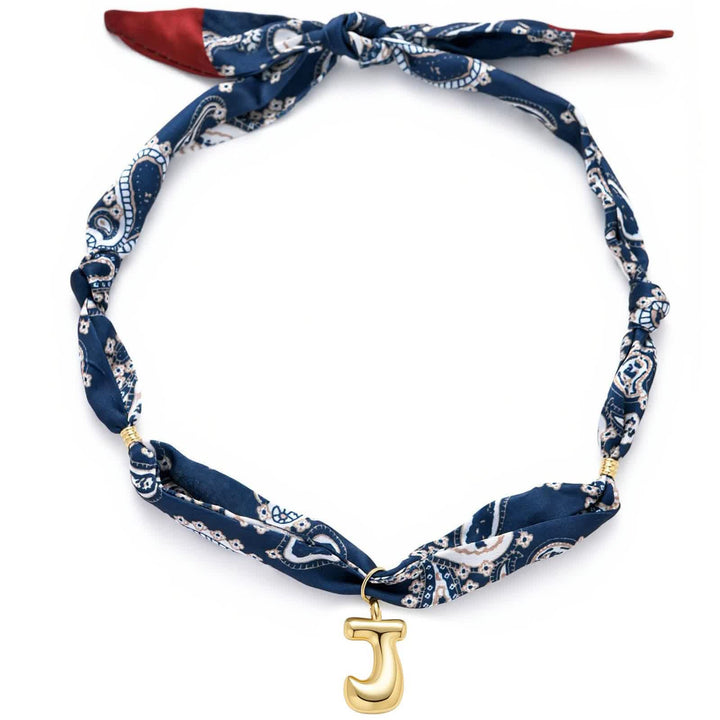 Initial Navy Paisley Bandana Scarf Necklace With Gold Bubble Letter Pendant - J - image 14
