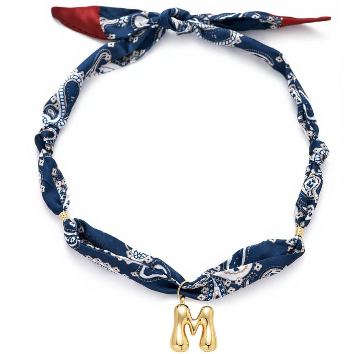Initial Navy Paisley Bandana Scarf Necklace With Gold Bubble Letter Pendant - M - image 17