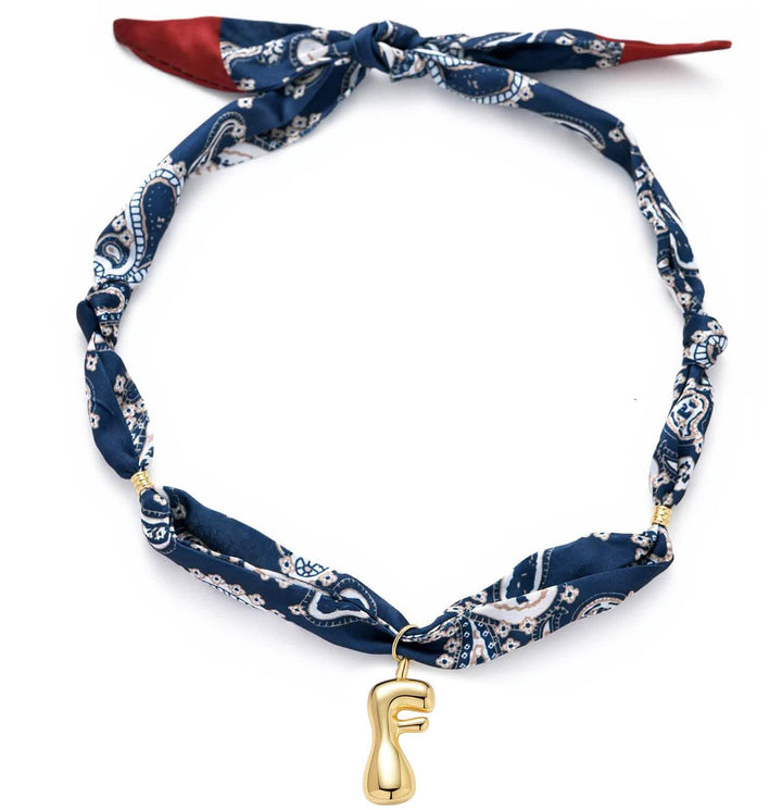 Initial Navy Paisley Bandana Scarf Necklace With Gold Bubble Letter Pendant - F - image 10