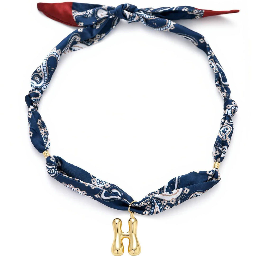 Initial Navy Paisley Bandana Scarf Necklace With Gold Bubble Letter Pendant - H - image 12