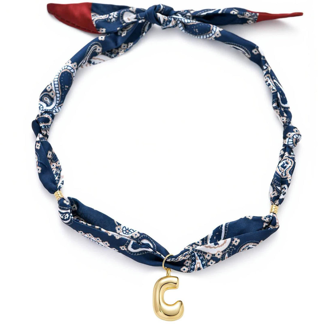 Initial Navy Paisley Bandana Scarf Necklace With Gold Bubble Letter Pendant - C - image 7