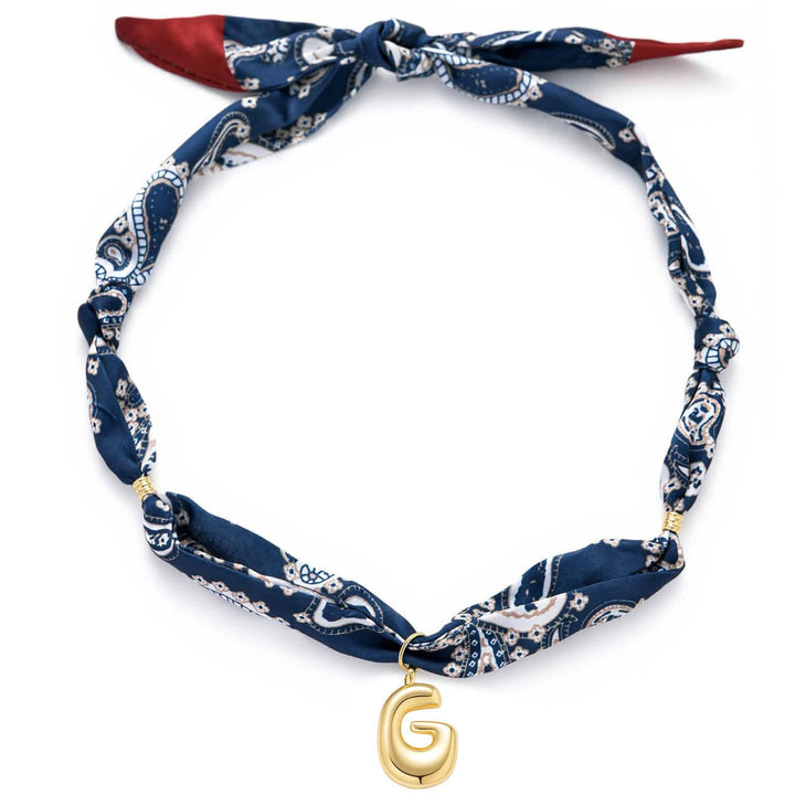 Initial Navy Paisley Bandana Scarf Necklace With Gold Bubble Letter Pendant - G - image 11