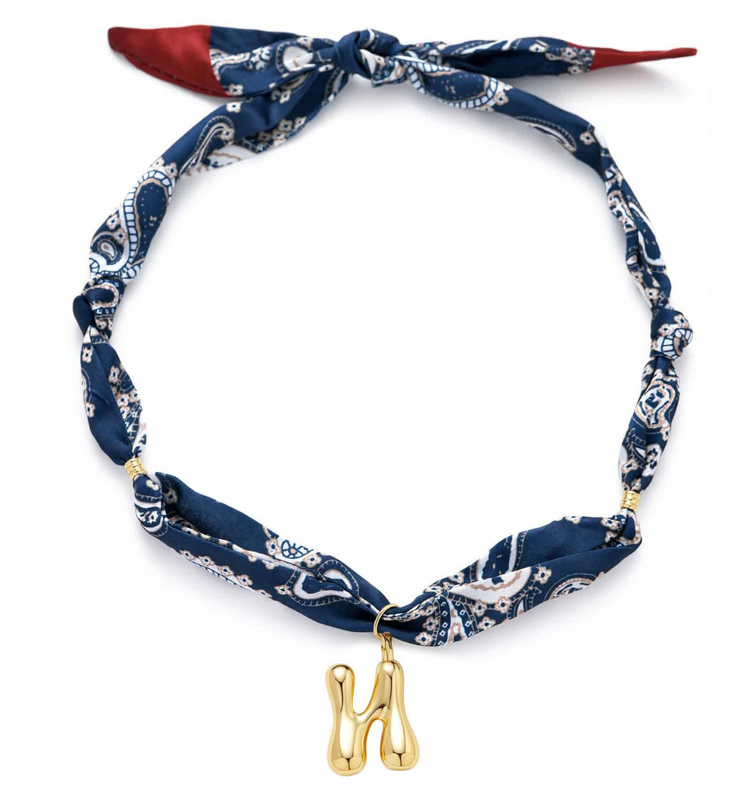 Initial Navy Paisley Bandana Scarf Necklace With Gold Bubble Letter Pendant - N - image 18